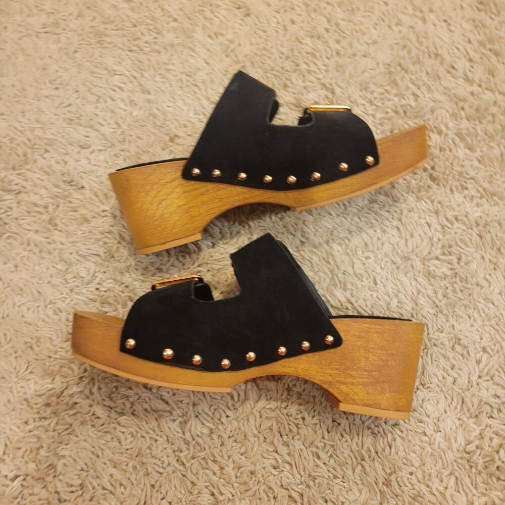 SOLD 👠New Black Wood Clog Wedge Platform Suede Buckle Sandal Shoe Slip On Sl💃 - Picture 3 of 10